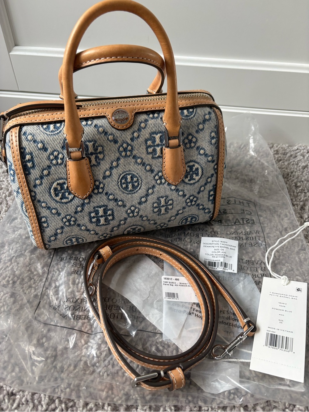 Tory Burch Blue Denim Logo Mini Satchel with Tan Leather Trim